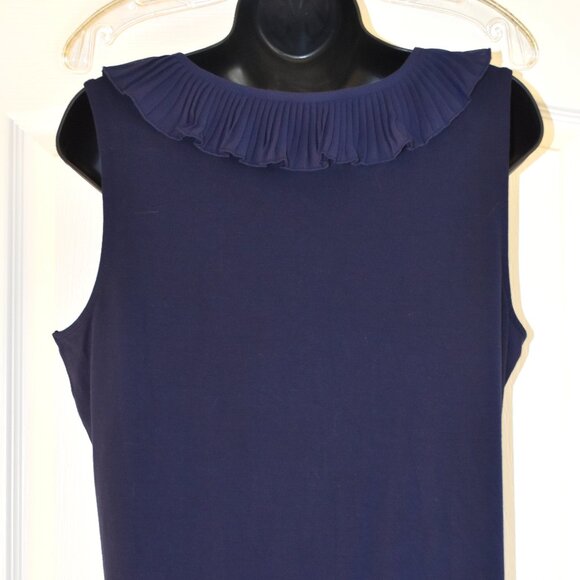 LAUREN RALPH LAUREN WOMEN'S SLEEVELESS NAVY BLUE RAYON RUFFLE BLOUSE LARGE, NWT - Picture 2 of 13